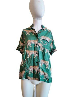 Katie Kime Cheetah Allover Print Green Button Front Pajama Sleep Top Womens M